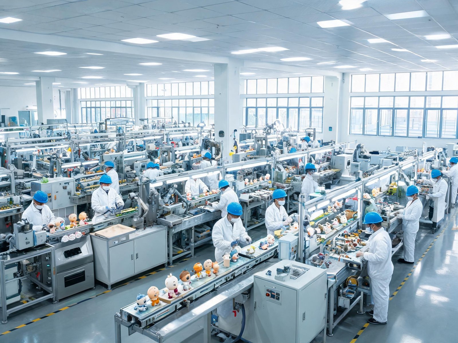 dee-toy production floor — multiple automated assembly lines with QC operators
