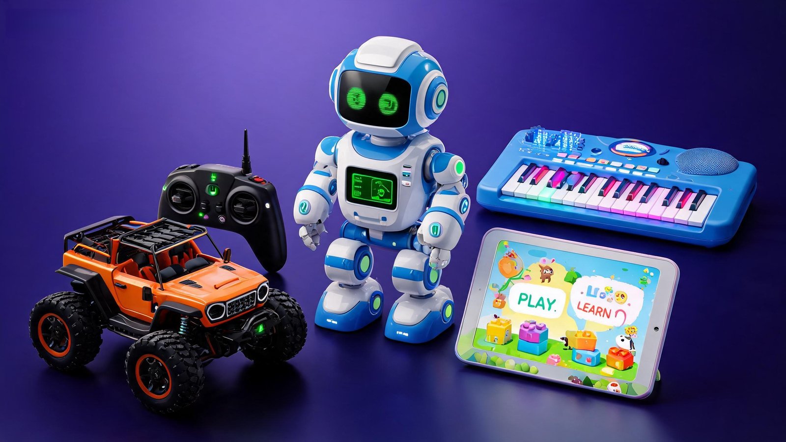dee-toy electronic toy lineup — RC car, robot, learning tablet and light-up keyboard