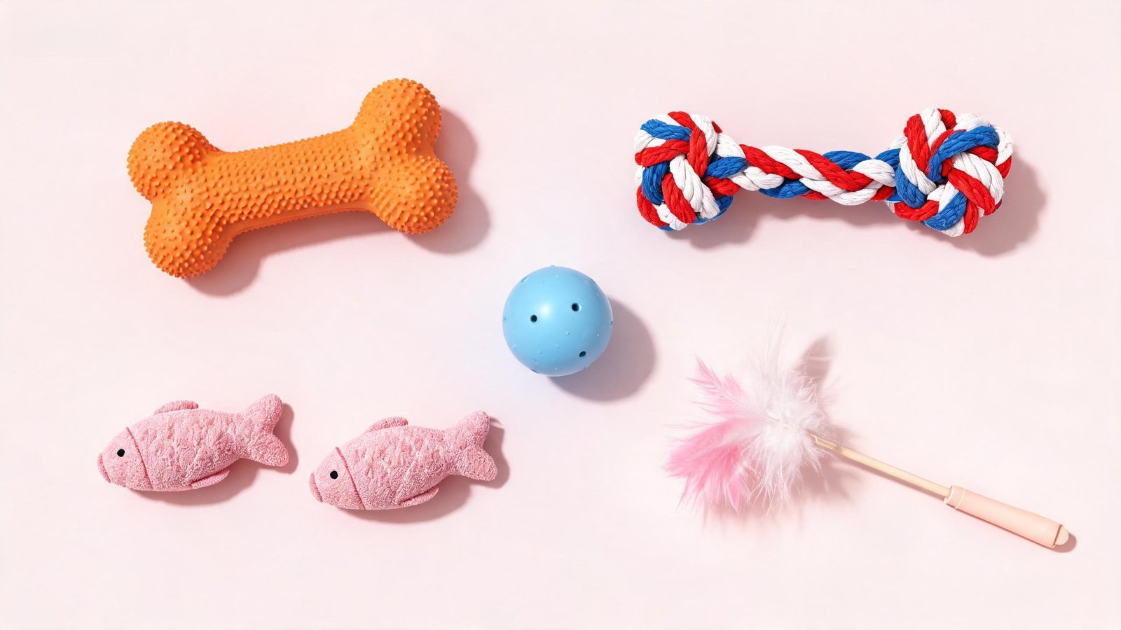 dee-toy pet toy lineup — rubber bone, rope tug, treat ball, plush fish and feather wand