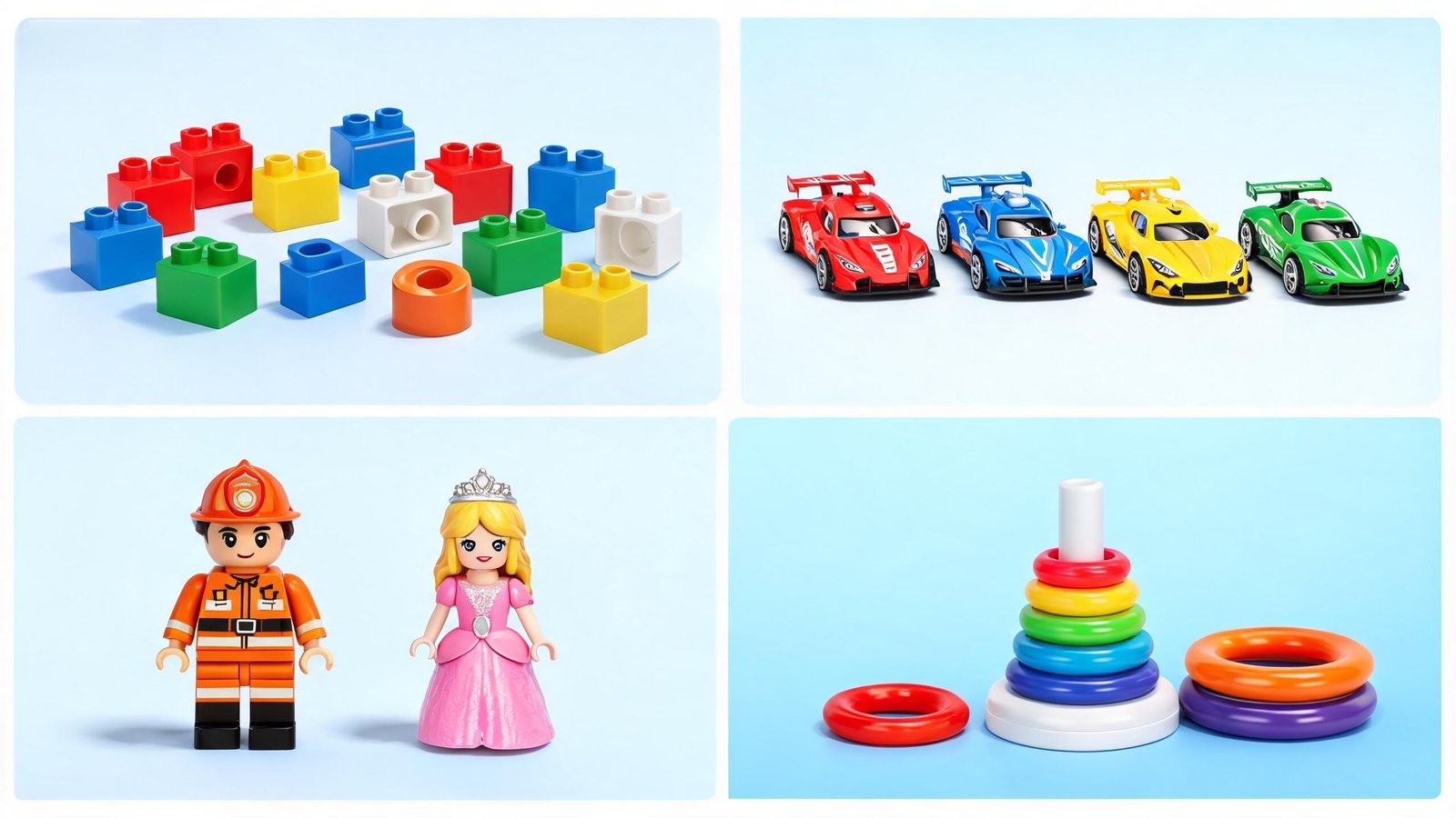 dee-toy plastic toy lineup — building blocks, race cars, figures and stacking rings